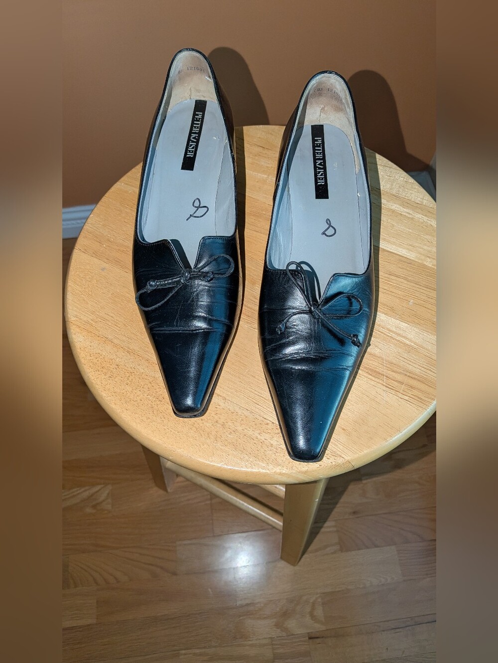 Peter Kaiser Black Pointed Toe Leather Slip-On Loafers with Knot Detail Size 8